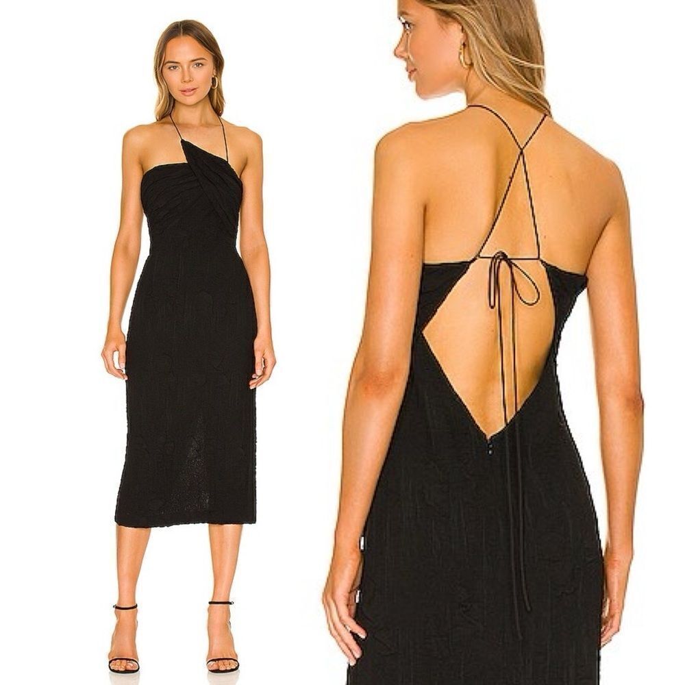 LPA REVOLVE Adino Dress in Black Textured Halter Midi Sheath NWT Medium
